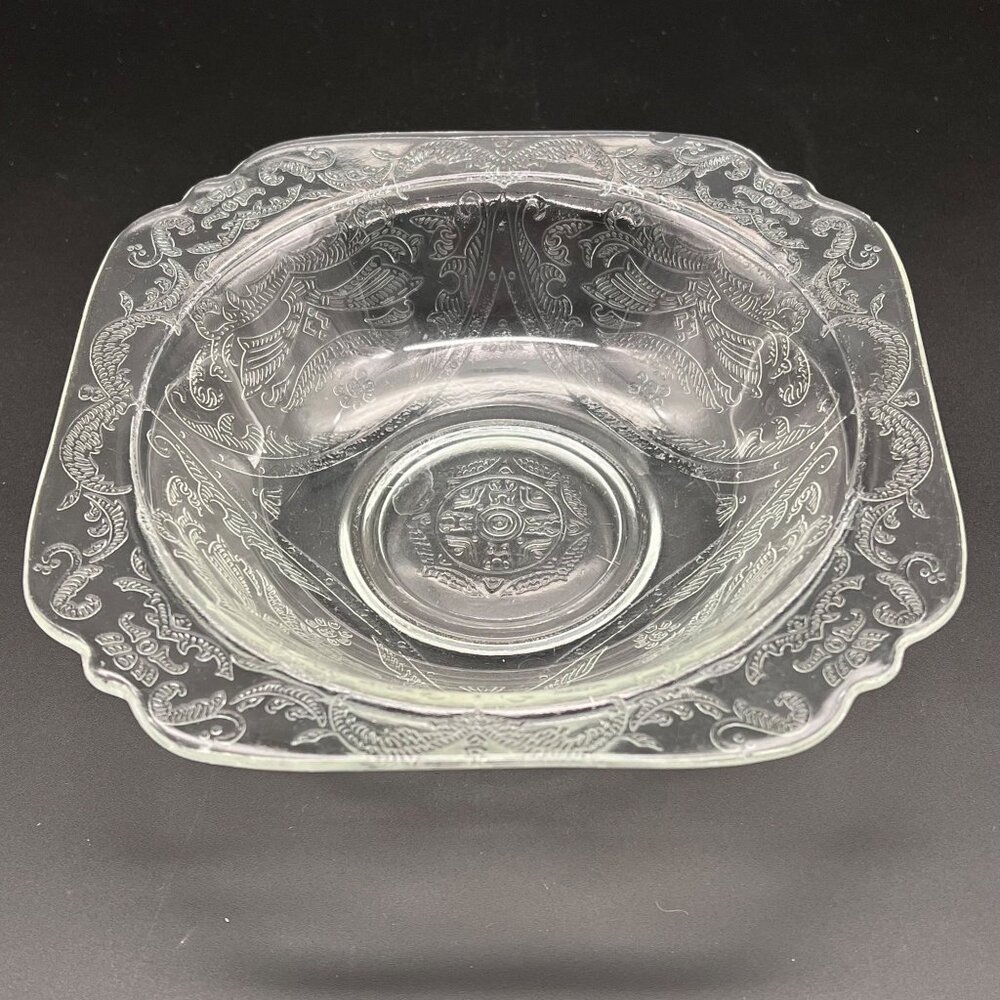 Vintage Clear Depression Glass Square Bowl Madrid Pattern Scalloped Edges 7"x2"